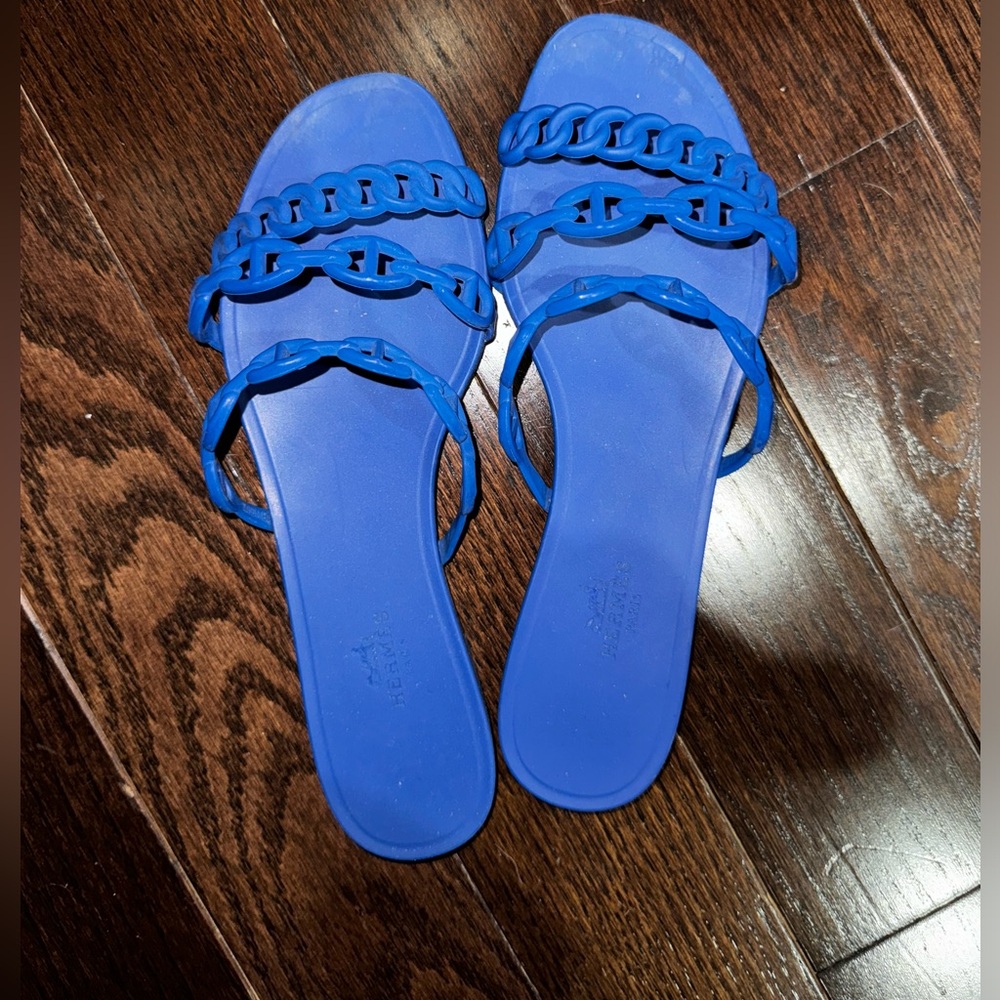 HERMÈS Rivage Chaîne d'Ancre Rubber Slides, Blue, Size 37, Gently Worn